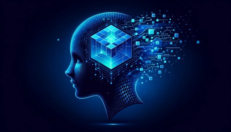 Profil d'une tête humaine stylisée avec structure cubique interne et éléments numériques.