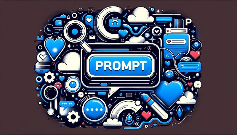 Illustration numérique mettant en avant une bulle de dialogue avec le mot 'prompt' entouré d'éléments de médias sociaux et d'interaction numérique sur un fond bleu profond